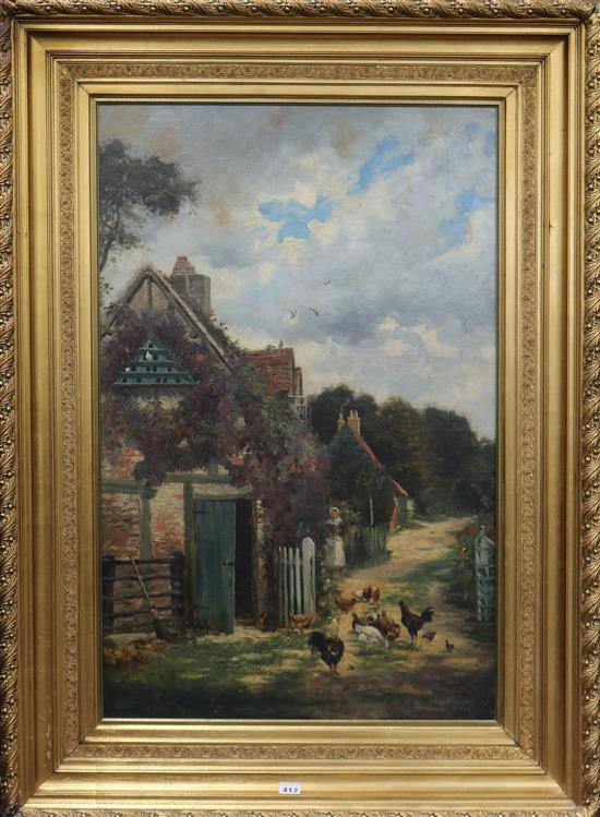 Savile Lumbley Flint (exh. 1880-95), oil on canvas, chickens on a country path